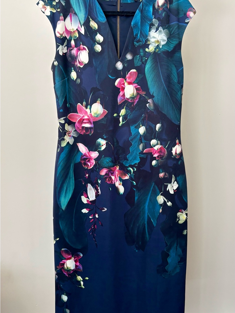 Ted Baker Navy Floral Sheath Dress with Pink Blooms